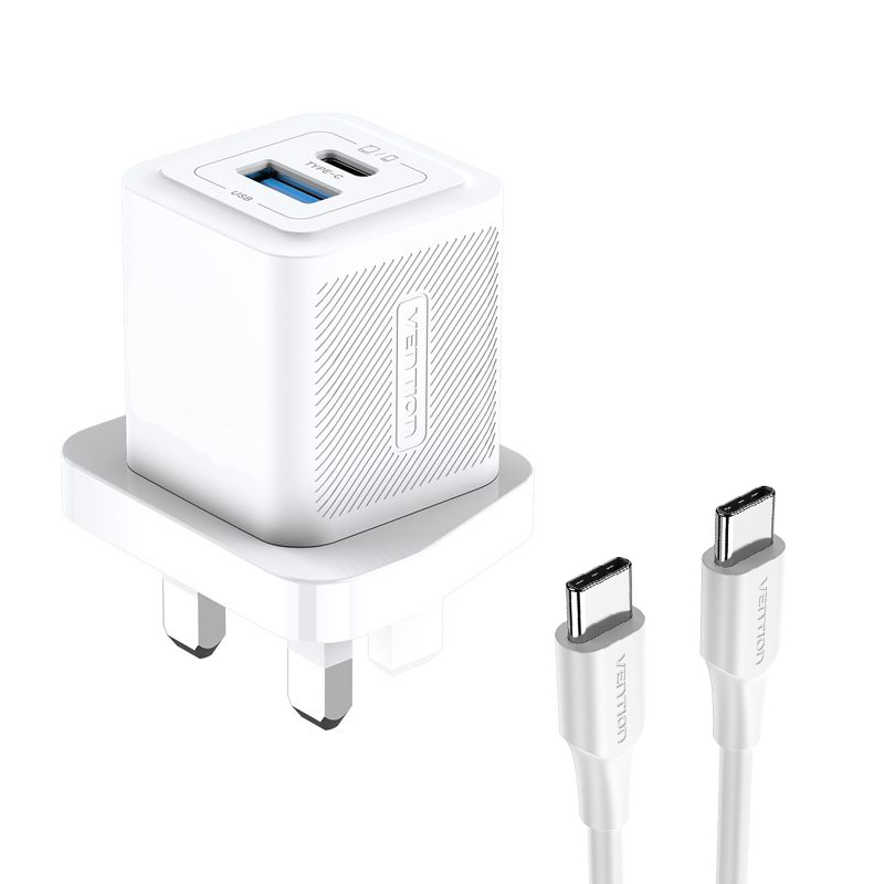 Vention 2-Port USB (C + A) GaN Charger (30W/30W) with USB-C to USB- C Cable (1M) UK-Plug