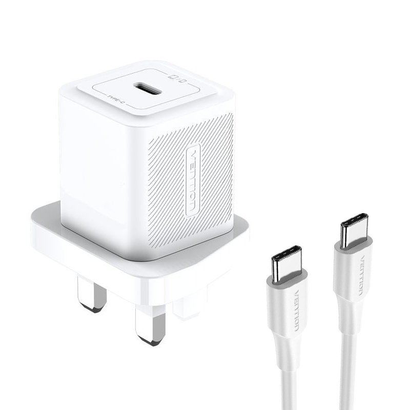 Vention 1-Port USB-C GaN Charger (20W) with USB-C to USB-C Cable (1M) UK-Plug