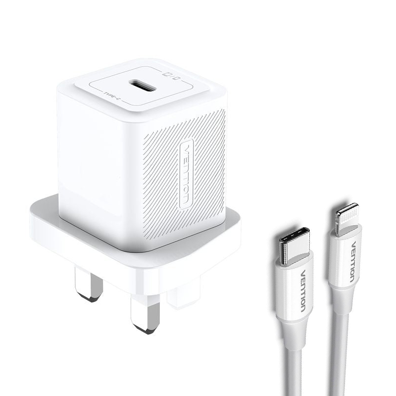 Vention 1-Port USB-C GaN Charger (20W) with USB-C to Lightning Cable (1M) UK-Plug