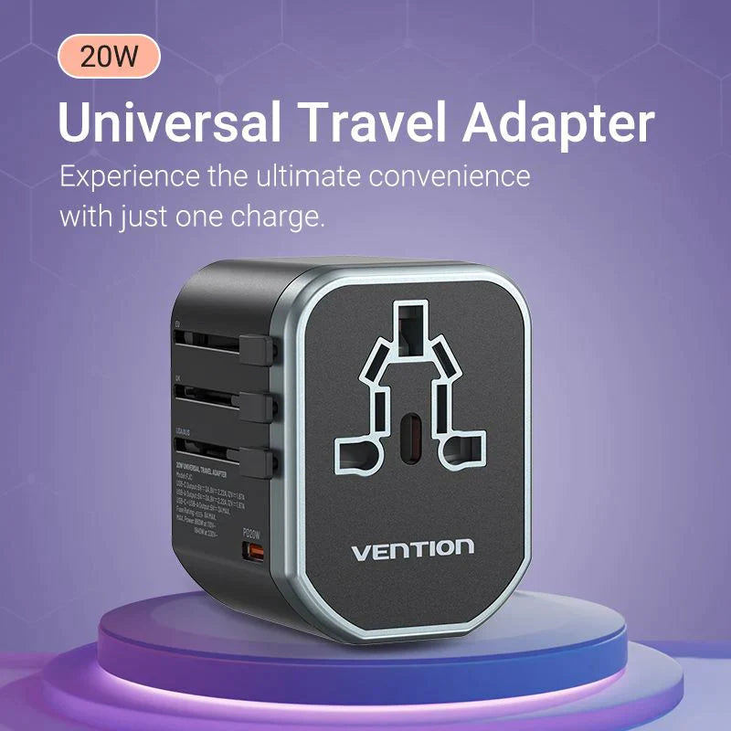 Vention 3-Port USB (C + A + A) Universal Travel Adaptor (20W/18W/18W) - FJCB0
