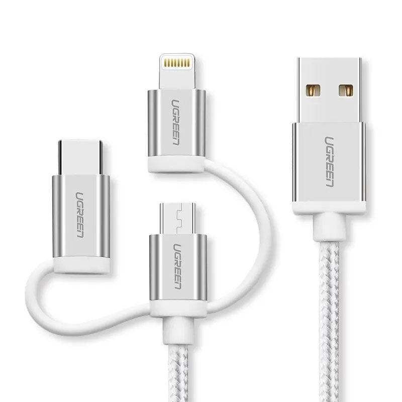 UGREEN 3-in-1 USB2.0-A Multifunction Cable with Braid 1.5m (Silver White) - 50203-Repair Outlet